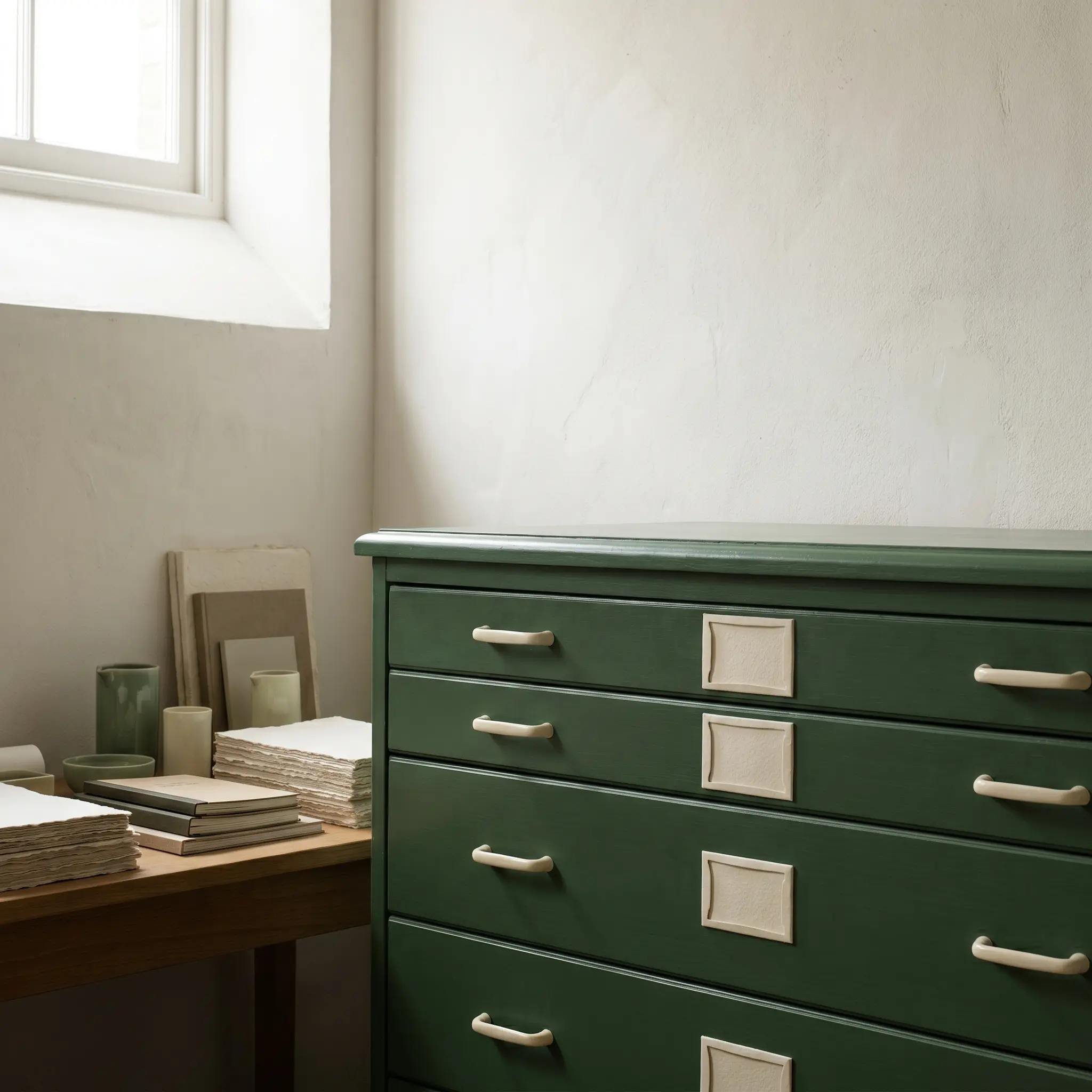 Dossier cabinet surface with blank index tabs and soft architectural light