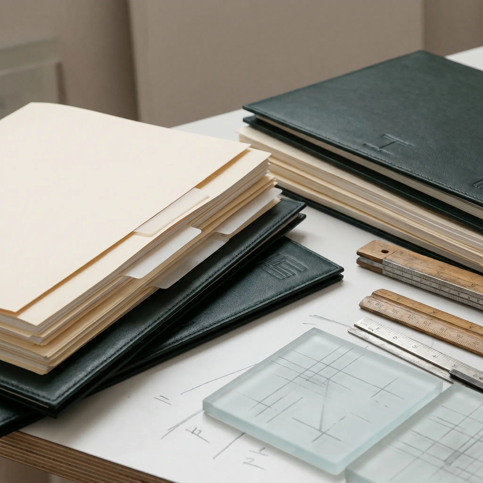 Blank dossier cards and architectural shadows on a notation desk
